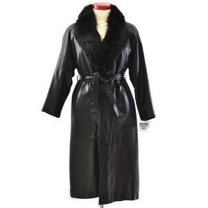70s Vintage Black Leather Wrap Coat w. Rabbit Fur Shawl Collar Womens L